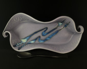 Handmade Purple and Blue Asparagus Dish with Spoon, Functional and Decorative Pottery