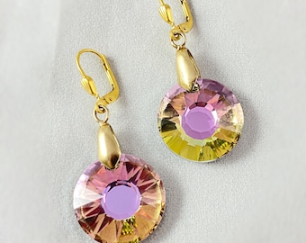 Pink/Green Round Cut Swarovski Crystal Drop Earrings - La Vie Parisienne by Catherine Popesco
