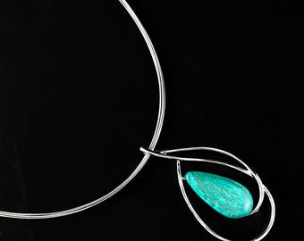 Handmade Resin and Shell Turquoise Teardrop Loop Necklace, Hypoallergenic - Origin