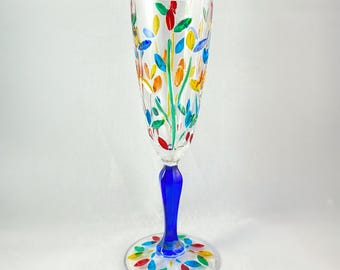 Blue Stem Tree of Life Venetian Glass Champagne Flute  - Handmade in Italy, Colorful Murano Glass