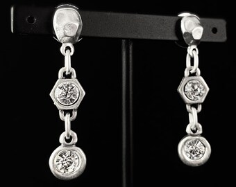 Silver Round and Hexagon Drop Earrings with Clear Crystals, Handmade, Nickel Free - Noir