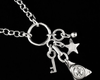 Chunky Abstract Silver Necklace with Crystal, Key, and Star Charms, Handmade, Nickel Free - Noir