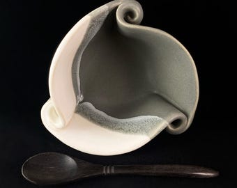 Handmade Gray and White Mustard Pot with Serving Spoon, Functional and Decorative Pottery