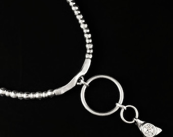 Silver Necklace with Circle and Clear Crystal Triangle Pendants, Handmade, Nickel Free-Noir