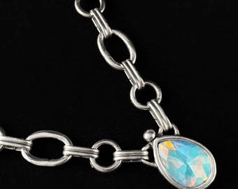 Silver Chain Link Necklace with Blue Opal Pendant, Handmade, Nickel Free - Noir