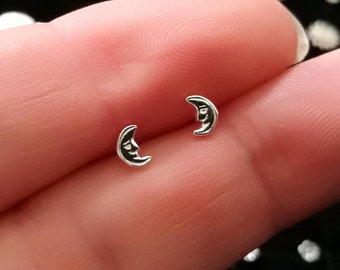 Tiny Moon Face Sterling Silver Stud Earrings