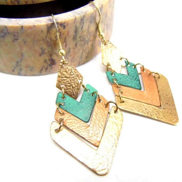 Diamond V shaped Tiered Earrings, Ethnic, Handmade, Gold Tone, Teal, Copper, Bohemian, Fair Trade, Lead and Nickel Free