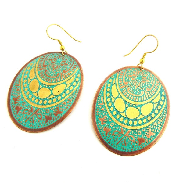 Turquoise Oval Earrings, Ethnic Bohemian, Bronze Blue, Fair Trade, Lead and Nickel Free