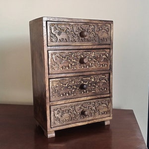 Small Chest of Drawers, Elephant Hand Carved, Fair Trade, Mango Wood, Decorative Storage