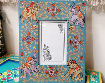Cornice per foto in legno dipinta a mano, design indiano elefante, blu