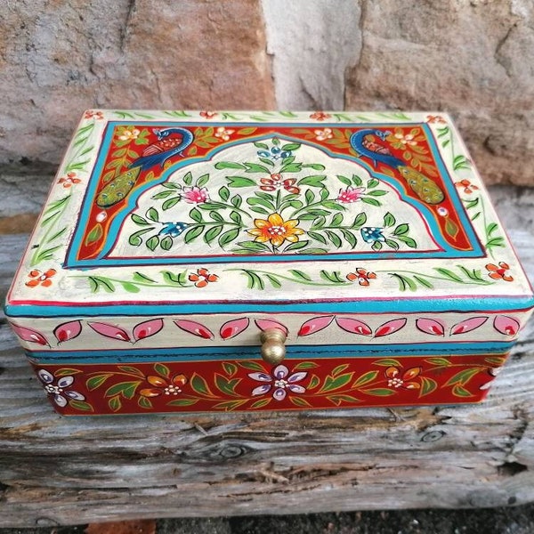 Floral Peacock Hand Painted Box, Fair Trade, Indian, Jewellery Storage, Trinket Box, Bohemian, Mango Wood