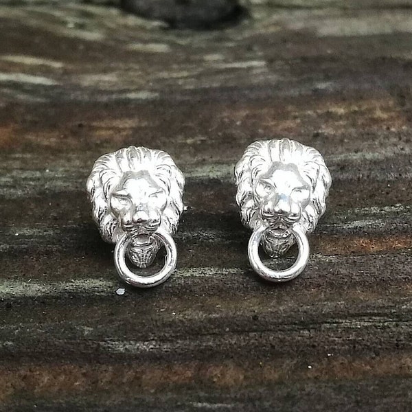 Lion Head Door Knocker Sterling Silver Stud Earrings