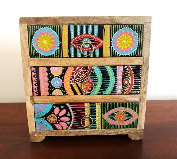 Small Chest of Drawers, Hand Painted, African Style, Fair Trade, 3 Drawer,  Mango Wood, Decorative Jewellery Storage, Jewelry Box 