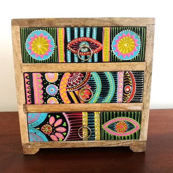 Small Chest of Drawers, Hand Painted, African Style, Fair Trade, 3 Drawer, Mango Wood, Decorative Jewellery Storage, Jewelry Box