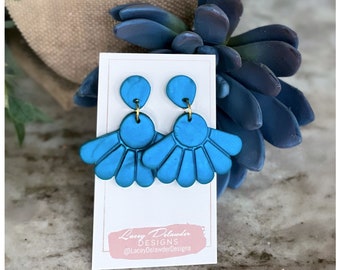 Polymer Clay Scallop Fan Dangle Earrings //Bohemian Shimmer Blue Earrings