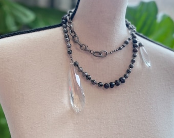 Black & Crystal, Vintage Style Beaded Necklace, French, Double Stranded, Handmade Necklace, rocker chic, bohemian style