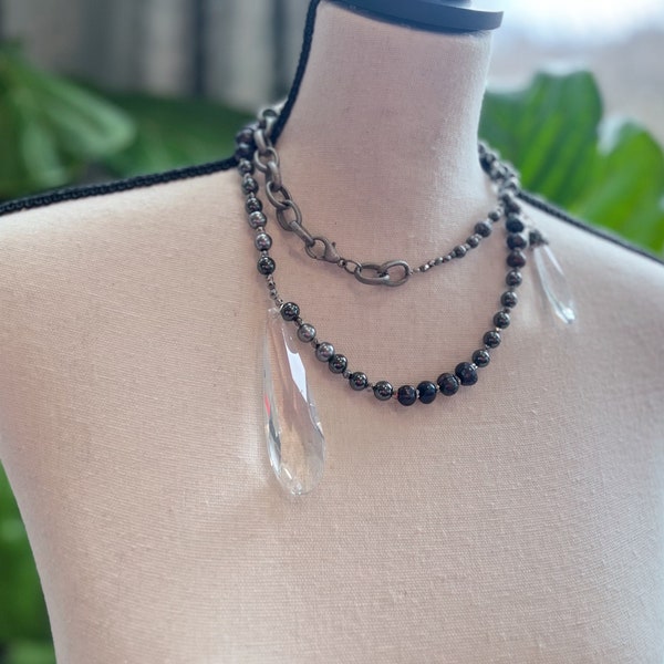 Black & Crystal, Vintage Style Beaded Necklace, French, Double Stranded, Handmade Necklace, rocker chic, bohemian style