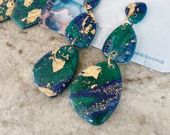 Bohemian Polymer Clay Dangle Earrings // Blue Teal Beach Vibe // Gold Dangle Resin
