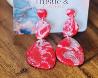 Bohemian Polymer Clay Dangle Earrings // red Scarlet & Silver // Gold Dangle Resin// Ohio State Game Day jewelry