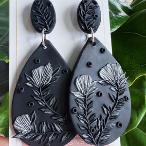 Black Silver Polymer Clay Dangle Earrings // Clay Statement Hand Sculpted