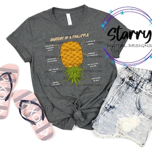 May include: A gray t-shirt with a pineapple diagram and the text "ANATOMY OF A PINEAPPLE". The image also includes denim shorts and a pair of pink and white striped flip-flops.