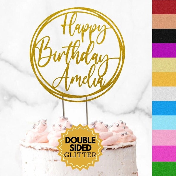 Personalised Circle Birthday Cake Topper Name Any Age Glitter Card 400gsm Happy Birthday Fast Dispatch