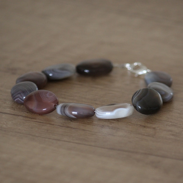 13mm Natural Botswana Agate Bracelet. Agate Gemstone Bracelet