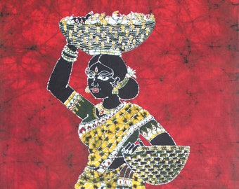 Indian Tamil Girl village Batik Painting Wall Hanging Cotton Tapestry 40"x25"