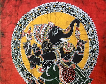 Indian Hindu God, Ganapathy,Tamil Batik Painting, Wall Hanging, Cotton Tapestry, 34"x 24"