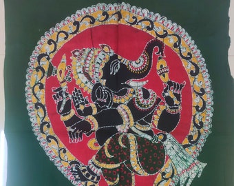 Indian Hindu God, Ganapathy,Tamil Batik Painting, Wall Hanging, Cotton Tapestry, 34"x 24"