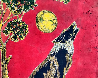 Wolf Howling Moon Night Jungle, Batik Painting Wall Hanging Cotton Tapestry W 24" x H 32"