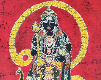 Indian God Lord Muruga, Tamil Batik Painting Wall Hanging Cotton Tapestry 32" x 24"