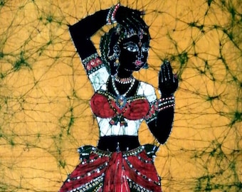 Indian Bharatanatyam Tamil Batik Painting Wall Hanging Cotton Tapestry 24" x 30"