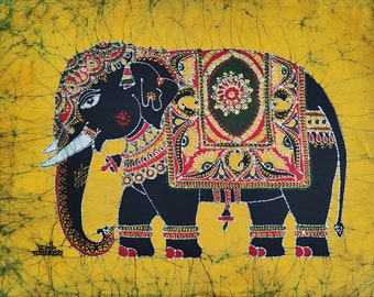 Decorated Indian Elephant Tamil Batik Painting Wall Hanging Cotton Tapestry W 32"x H 24"