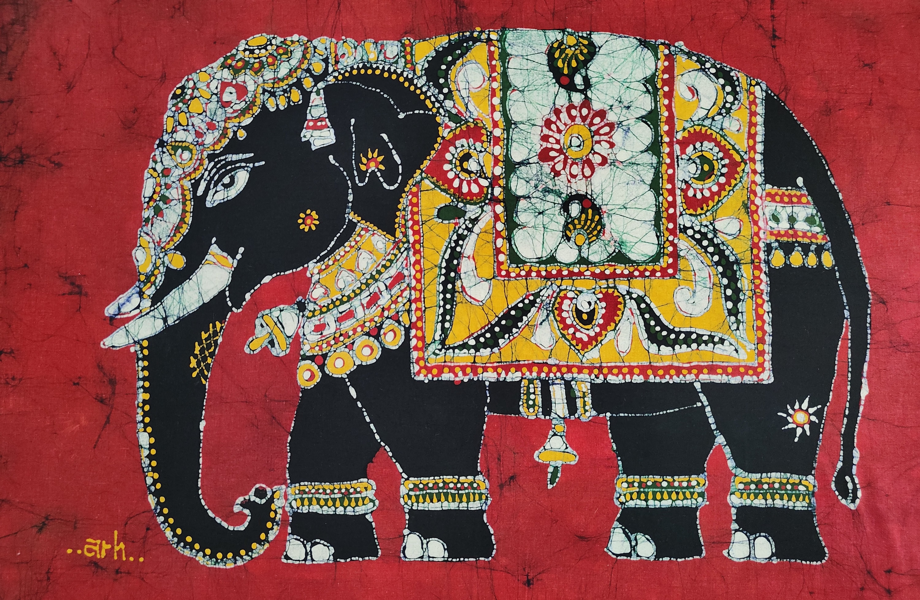 Decorated Indian Elephant Tamil Batik Painting Wall Hanging Cotton Tapestry W 32"x H 24"