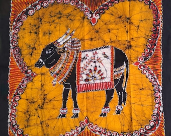 Indian decorated bull Batik Painting Wall Hanging Cotton Tapestry 23"x 25"
