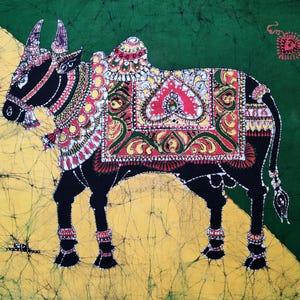 Indian decorated bull Batik Painting Wall Hanging Cotton Tapestry Color 31&quot;x25&quot;