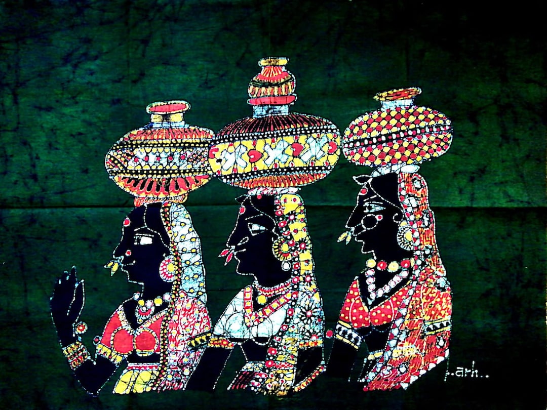 Indian Girls Water Pot Batik Painting Wall Hanging Cotton Tapestry 33 ...
