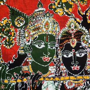 Indian Hindu God, krishna and Radha ,Tamil Batik Painting, Wall Hanging, Cotton Tapestry, 33&quot;x 25&quot;