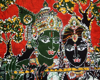 Indian Hindu God, krishna and Radha ,Tamil Batik Painting, Wall Hanging, Cotton Tapestry, 33"x 25"