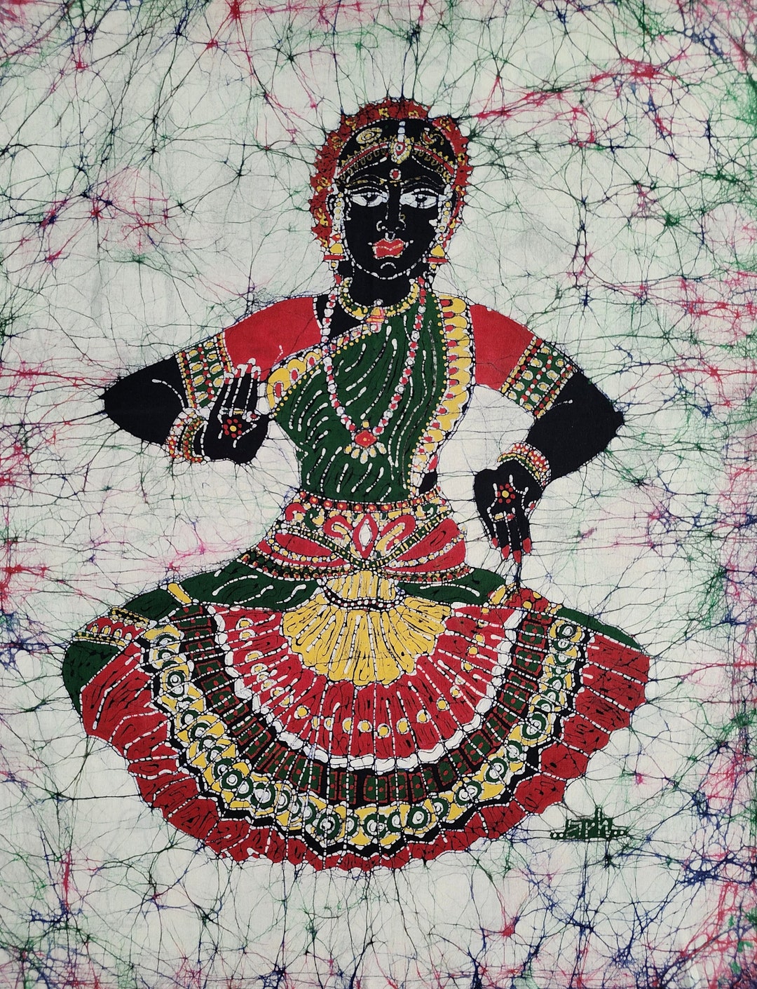 Indian Bharatanatyam Tamil Batik Painting Wall Hanging Cotton Tapestry