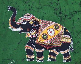 Decorated Indian Elephant Tamil Batik Painting Wall Hanging Cotton Tapestry 24" x 24"
