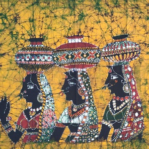 Indian Tamil Girl village Batik Painting Wall Hanging Cotton Tapestry 34x25 image 1
