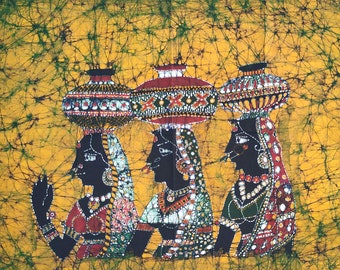 Indian Tamil Girl village Batik Painting Wall Hanging Cotton Tapestry 34"x25"