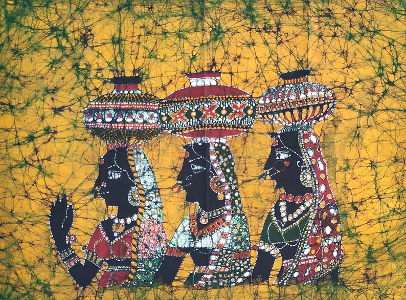 Indian Tamil Girl village Batik Painting Wall Hanging Cotton Tapestry 34x25 image 1