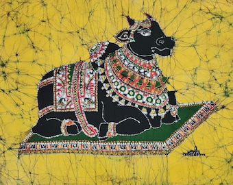 Taureau indien décoré, peinture batik, tenture murale, tapisserie en coton L 32 x H 24 po