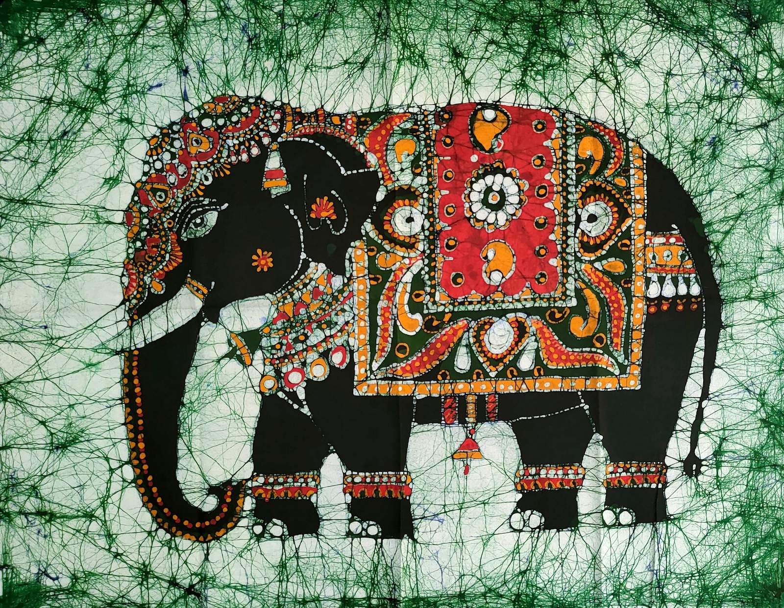 Éléphant indien décoré, peinture Tamil Batik, tenture murale
