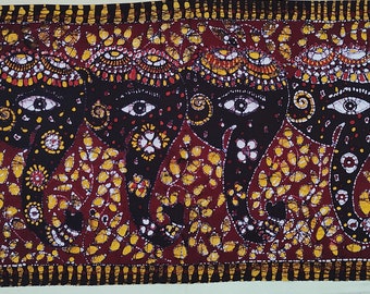 Six Indian Elephant Heads Tamil Batik Painting Wall Hanging Cotton Tapestry 18" x 48"