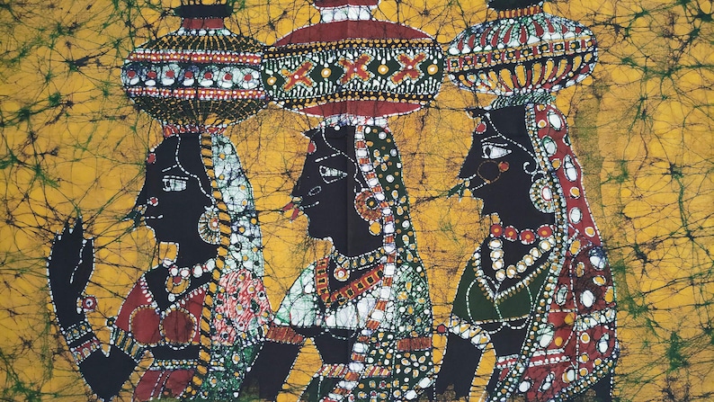 Indian Tamil Girl village Batik Painting Wall Hanging Cotton Tapestry 34x25 image 6