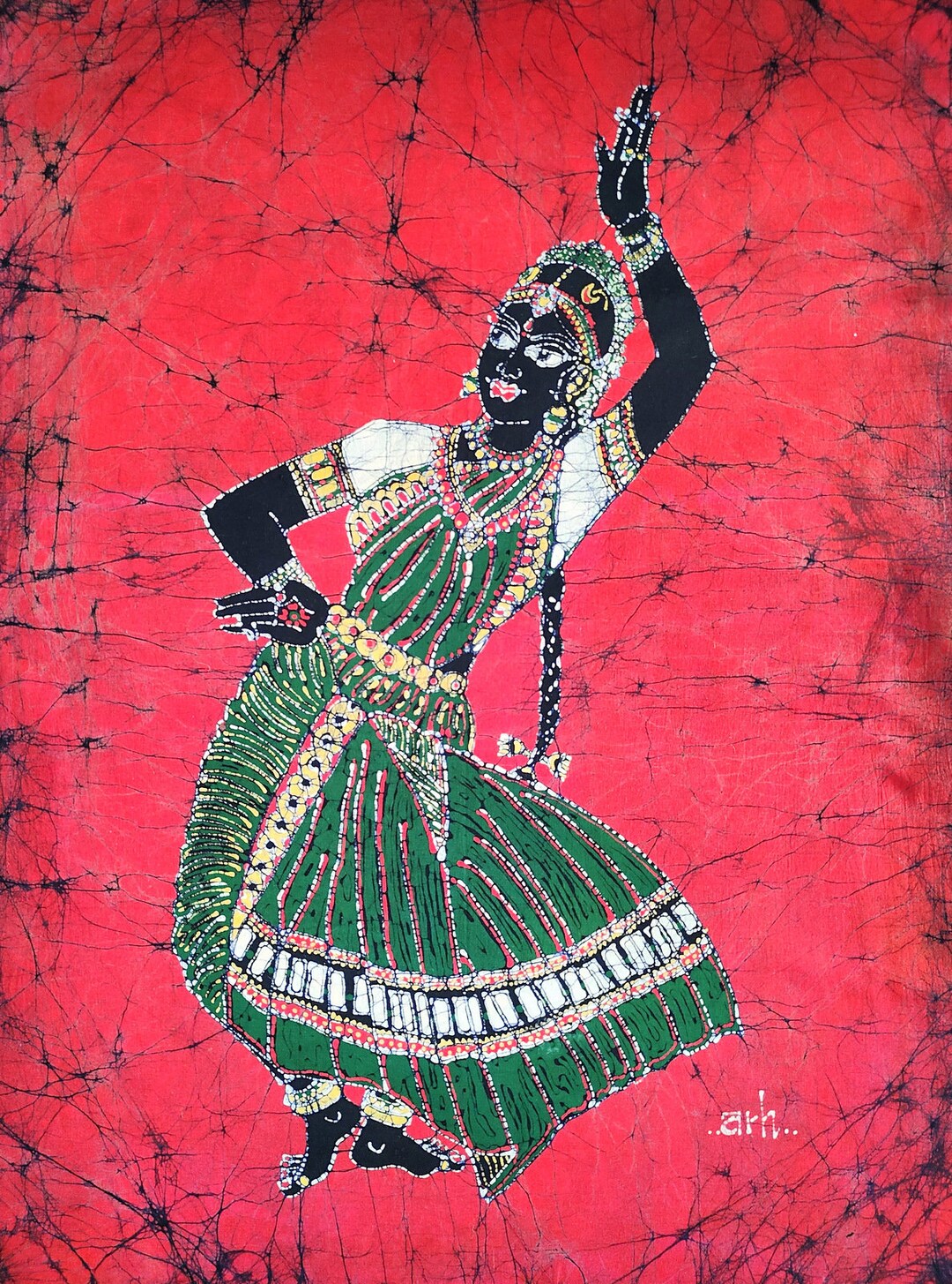 Indian Bharatanatyam Tamil Batik Painting Wall Hanging Cotton Tapestry